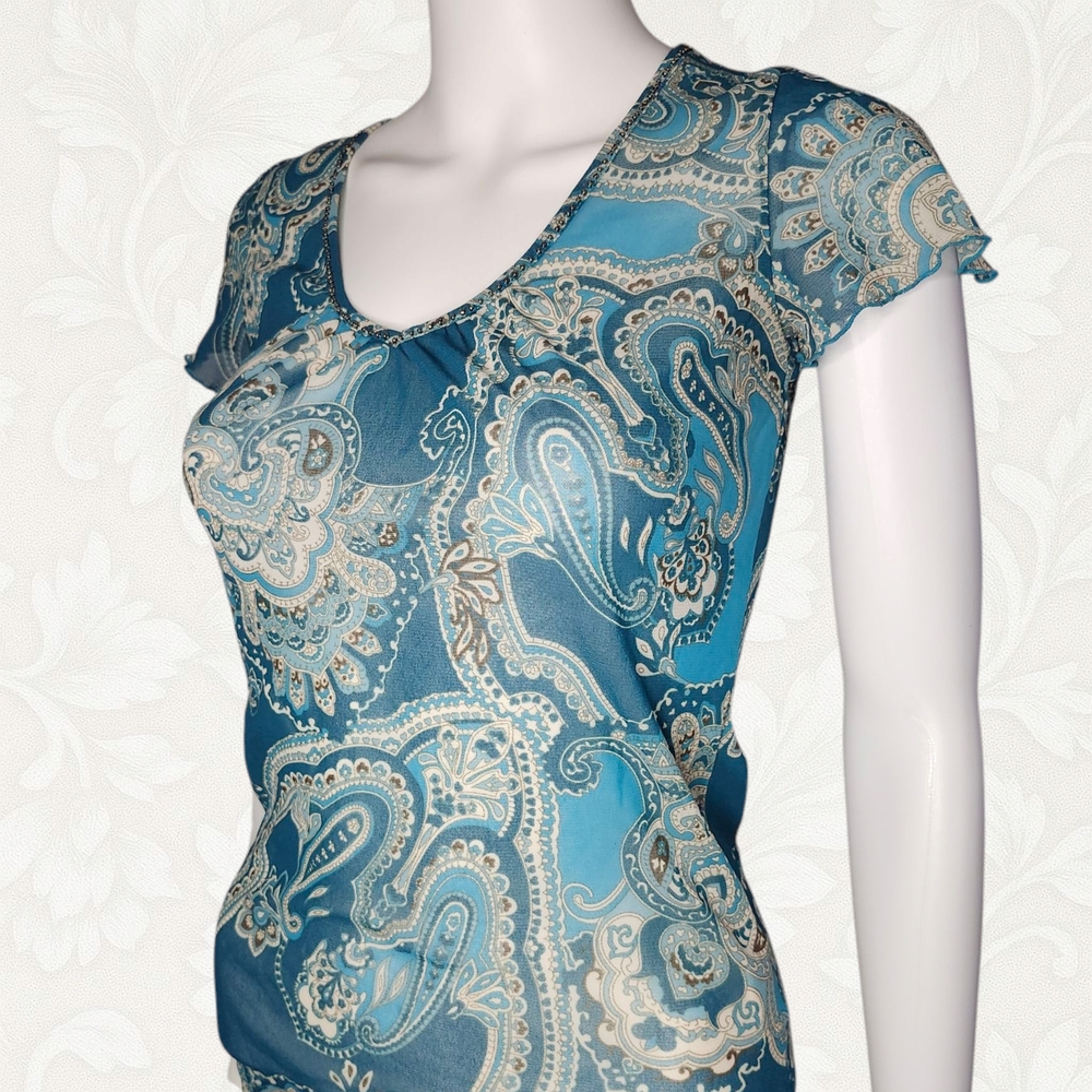 Esprit Cream and Blue Fitted Cap Sleeve Blouse
